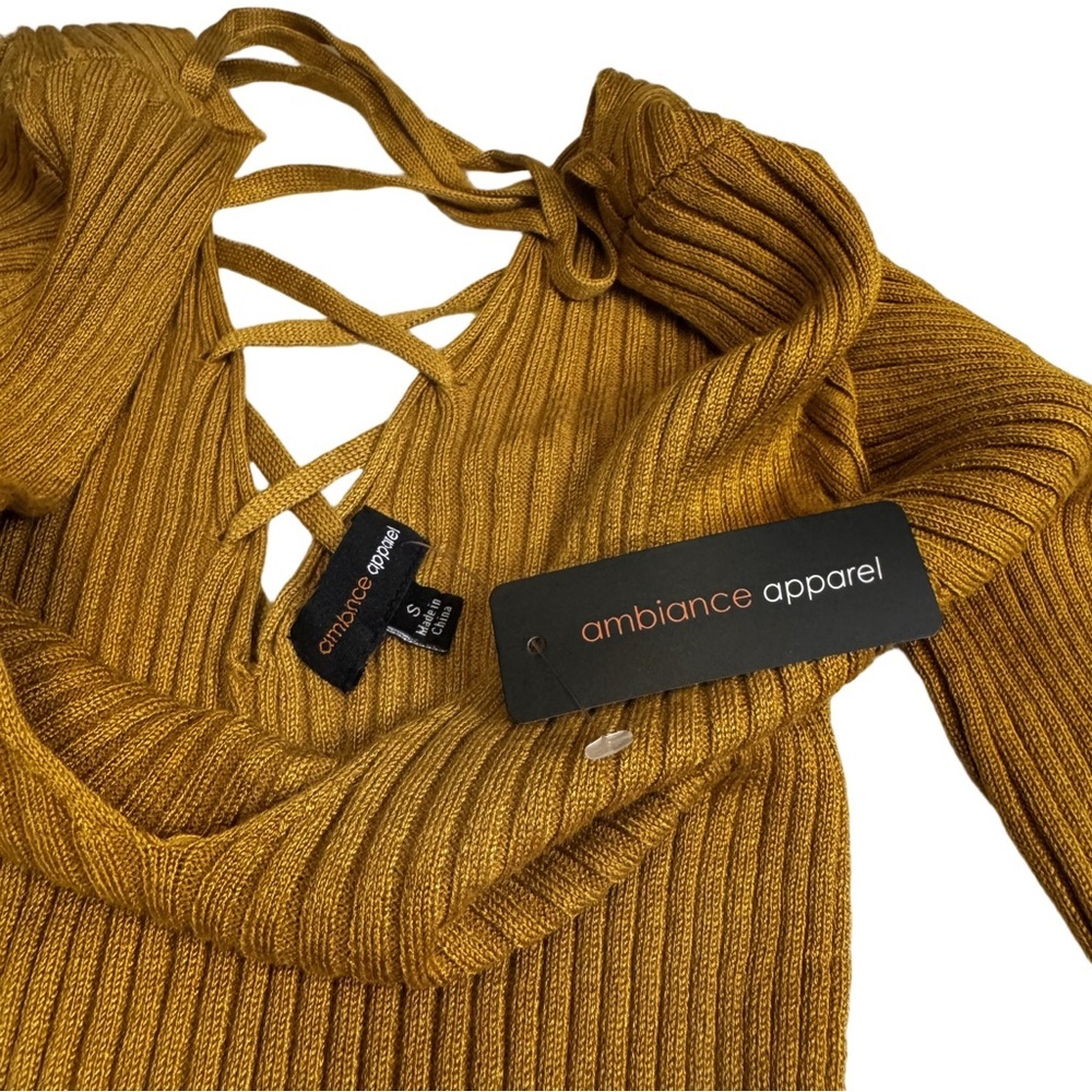 Ambiance Apparel Gold Ribbed Sweater Size Small Features A Lace Up Back NWT - Picture 4 of 9